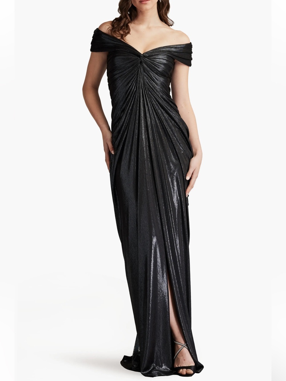 Tadashi Shoji Metallic Front Twist Off the Shoulder Floor Length Gown Size 6